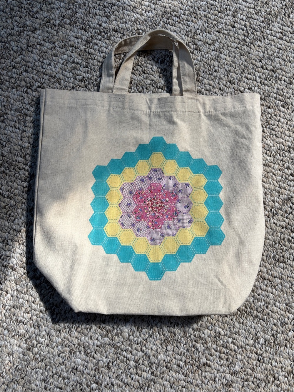 Canvas Tote Bag with Turquoise, Yellow & Pink Hexagon wiild inspired Design